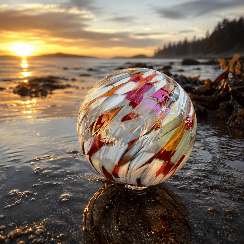 Coral Reef glass float reflecting sunset colors on a beach, capturing the essence of marine beauty.