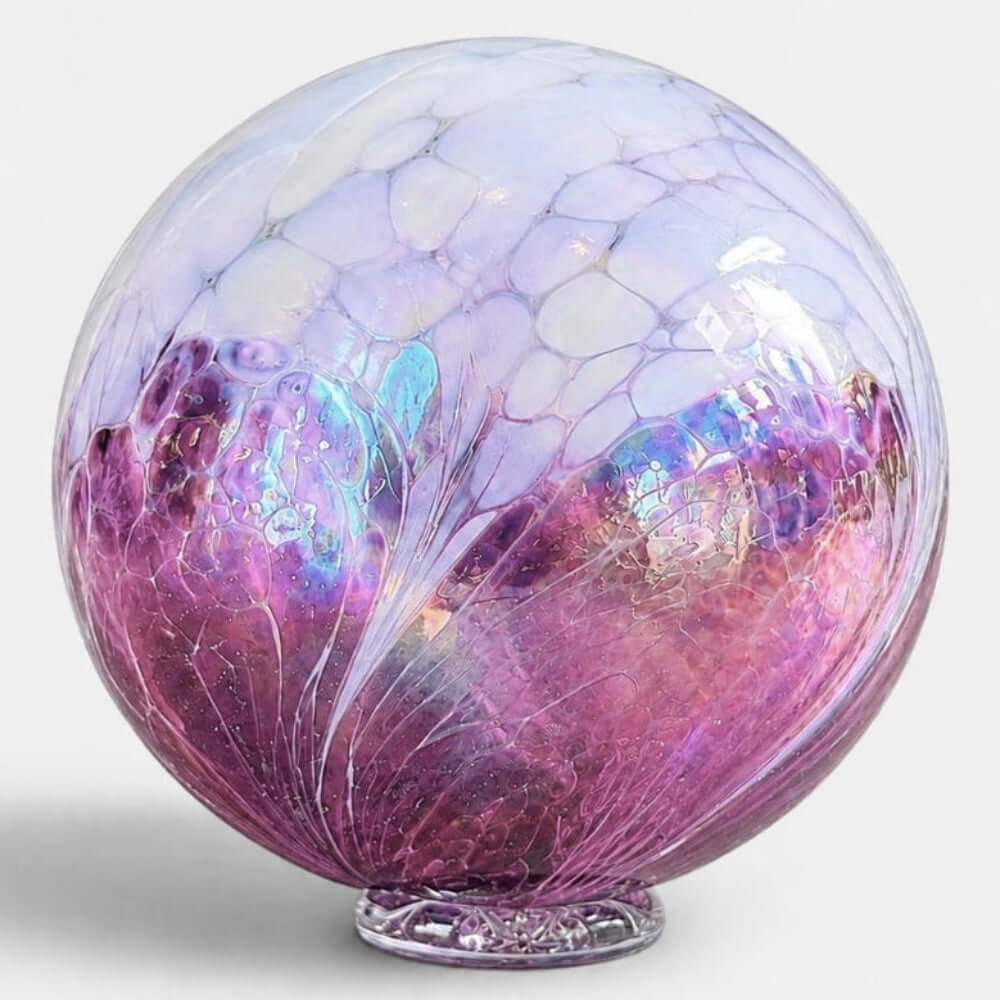 Salish Spray glass float featuring soft periwinkle and luminous purple colors inspired by sea mist.