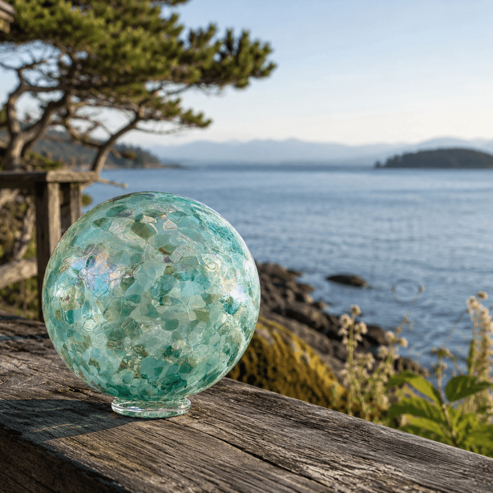 Whidbey Float on a wooden table with a scenic view of the water and mountains in the background, showcasing coastal colors.
