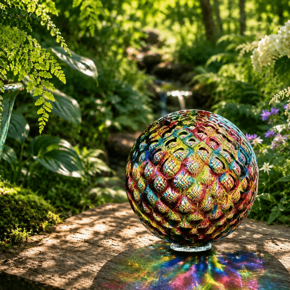 Rainbow Diamond Facet garden glass float with colorful facets reflecting light outdoors.