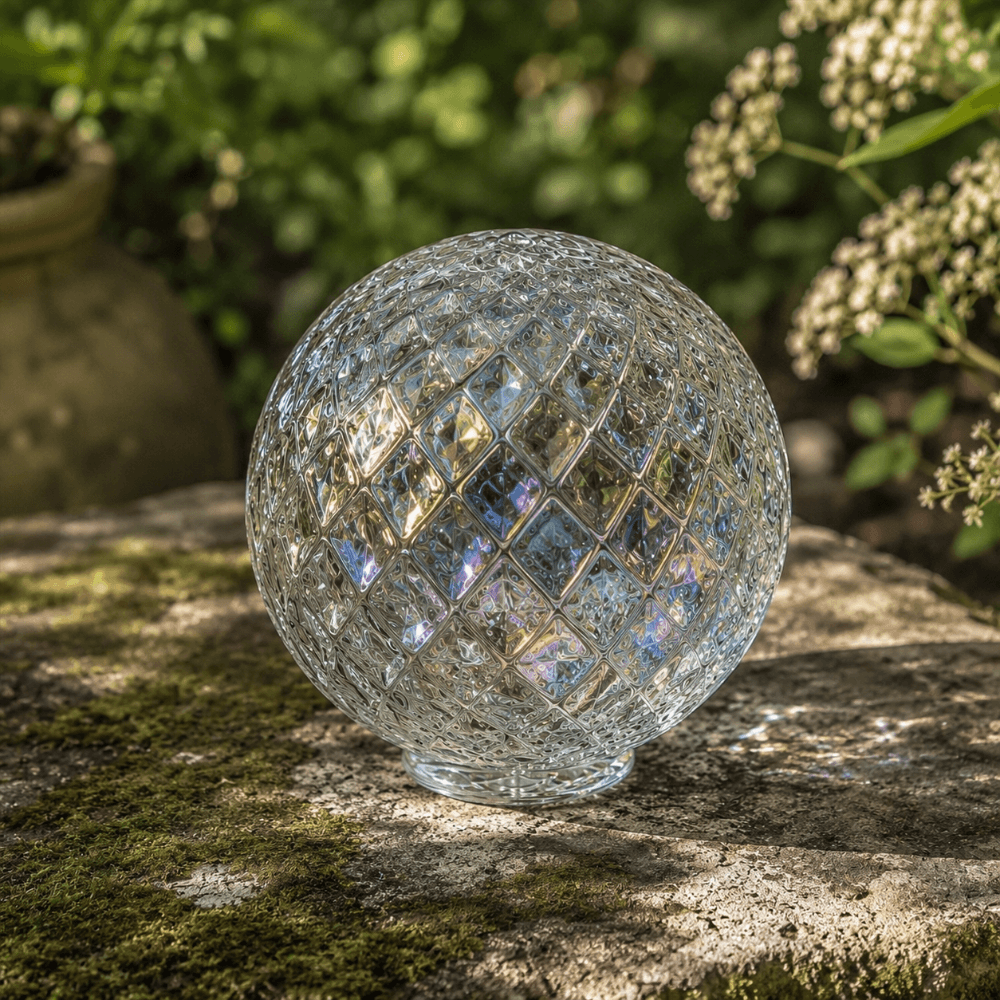 Alki Diamond Facet Float glimmering in sunlight with rainbow colors, perfect for tablescapes or outdoor decor.