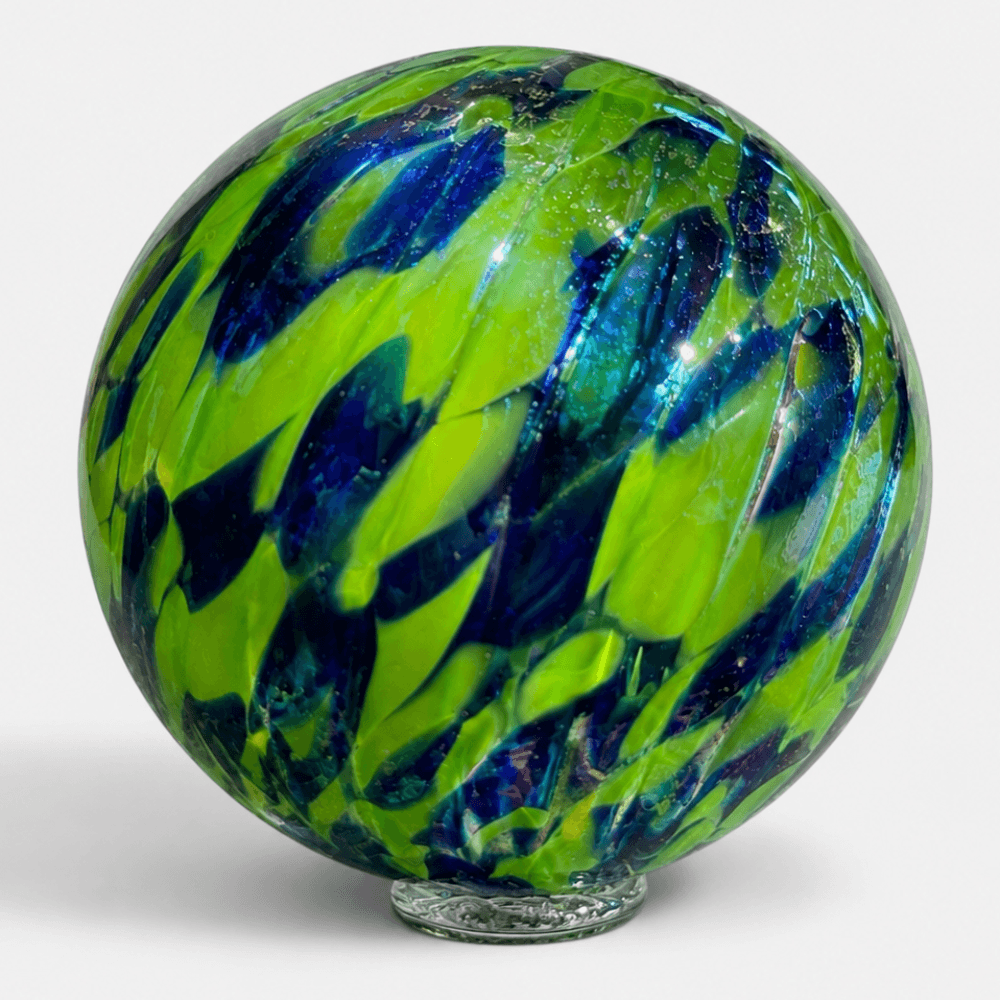 Sunday Blue glass float featuring vibrant blue and green swirls, reminiscent of Pacific Northwest colors.