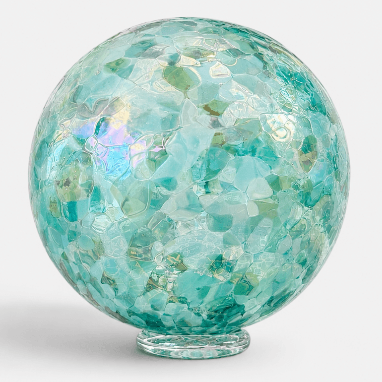 Whidbey floating glass orb featuring swirling aqua tones inspired by Whidbey Island's coastal waters.