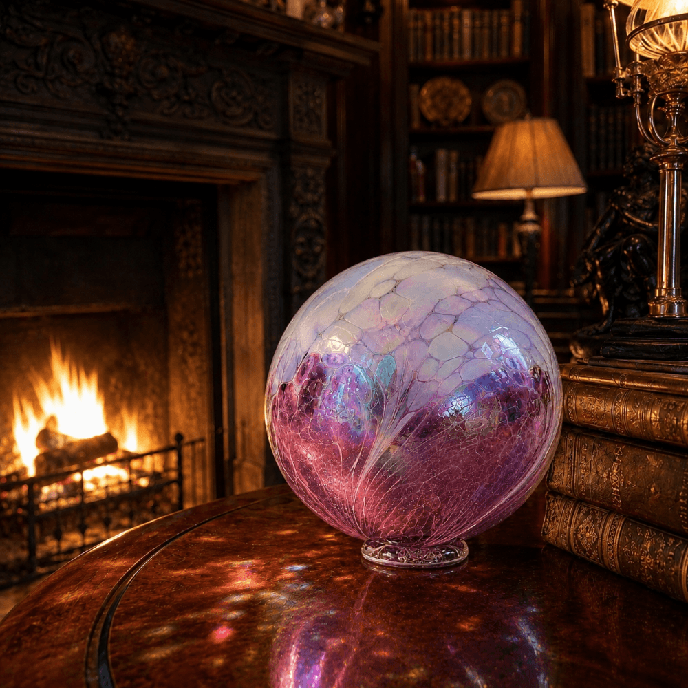 A glowing Salish Spray glass sphere with purple and periwinkle hues, displayed elegantly near a cozy fireplace.