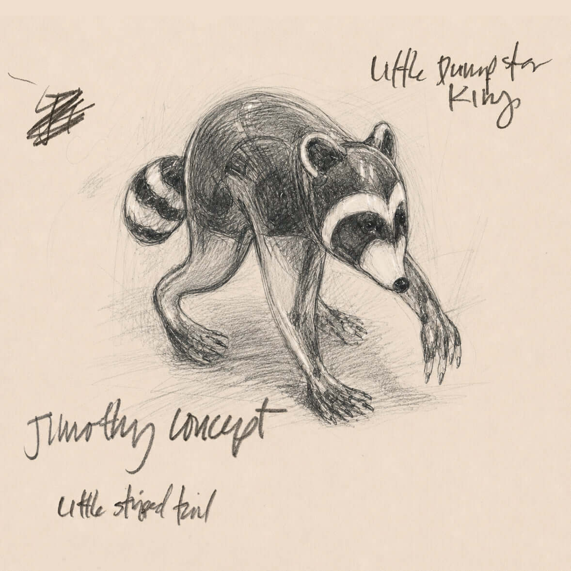 Sketch of Jimothy Figurine, the trash panda concept drawing with a little striped tail.