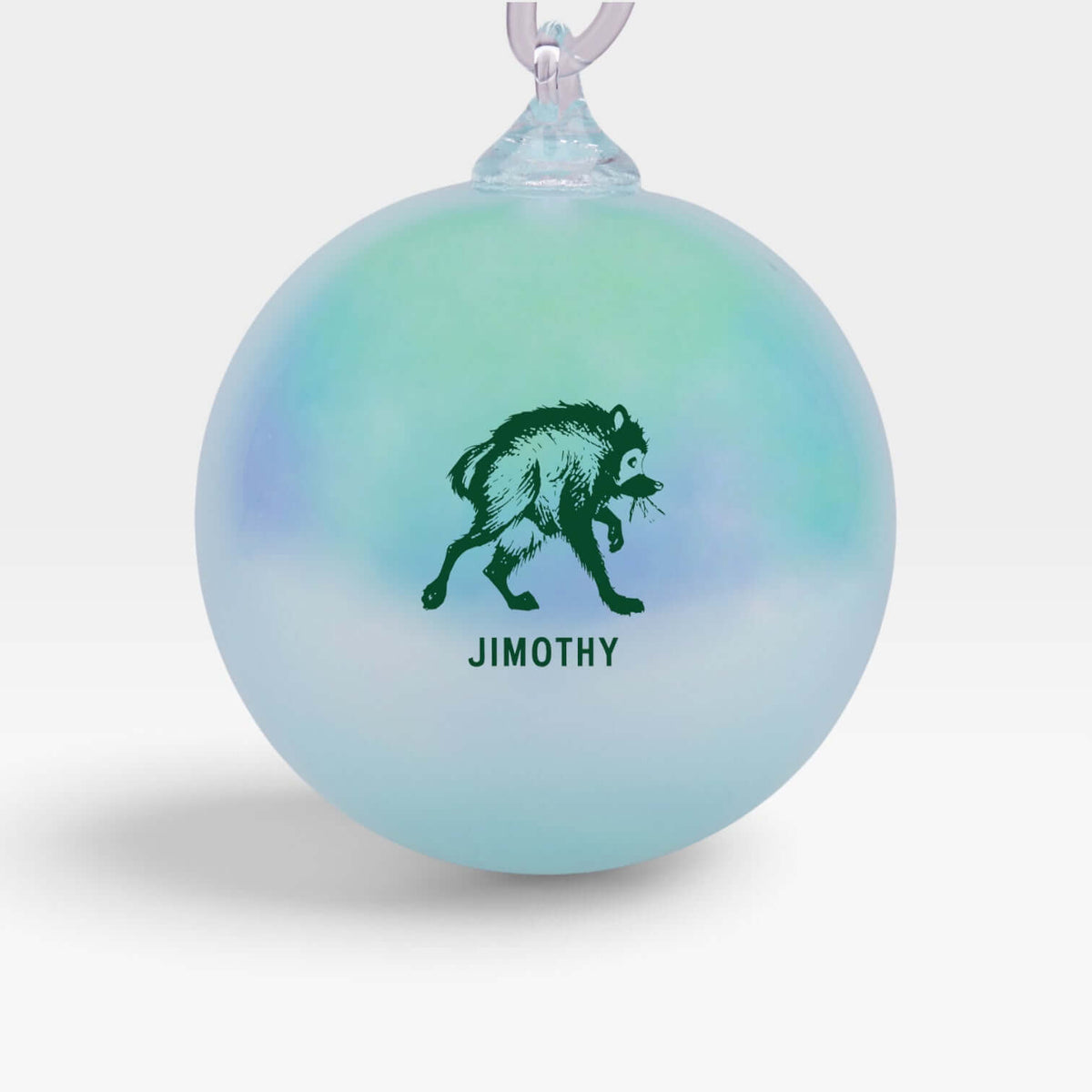 Handblown glass ornament featuring Jimothy, the city's favorite dumpster king, in iridescent colors.