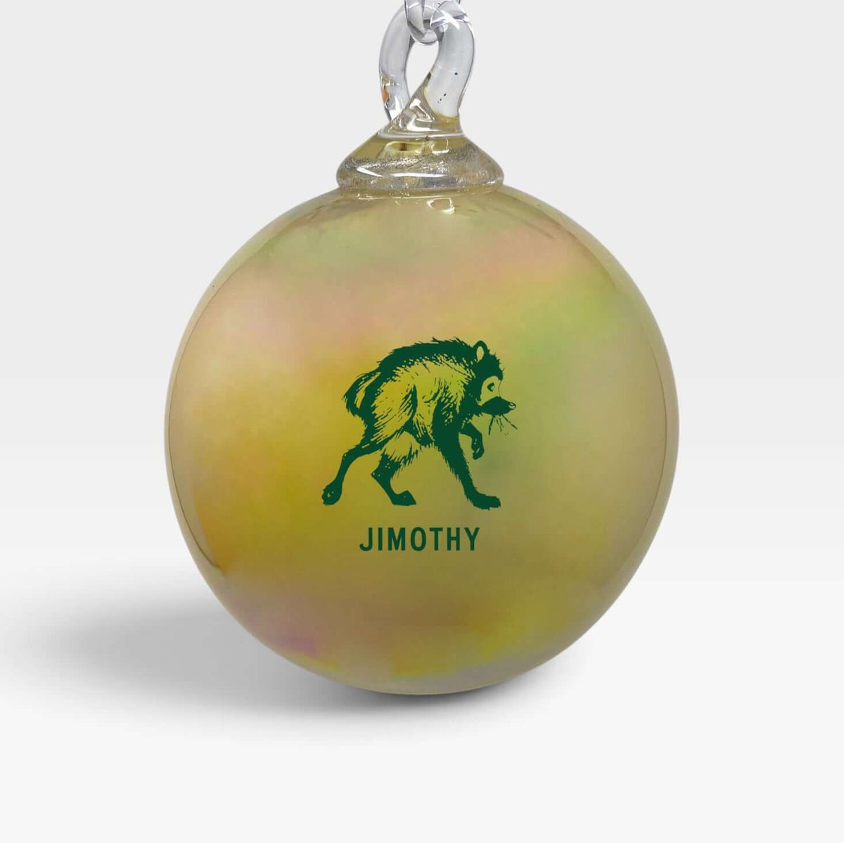 Colorful handblown glass ornament featuring Jimothy, the beloved dumpster king, perfect for holiday decorations.