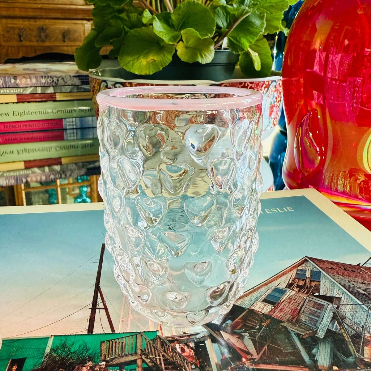 Love Cups handcrafted glass with heart embellishments and colorful lip, perfect for drinks.