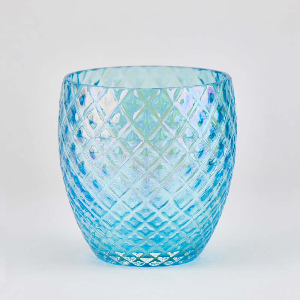 December topaz diamond facet votive in clear blue glass, handcrafted by artisan glassblowers.