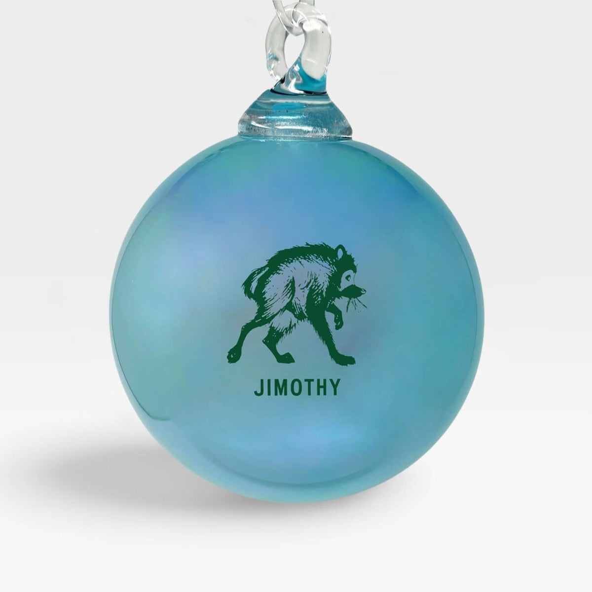 Glass ornament featuring the quirky design of Jimothy, the beloved dumpster king.